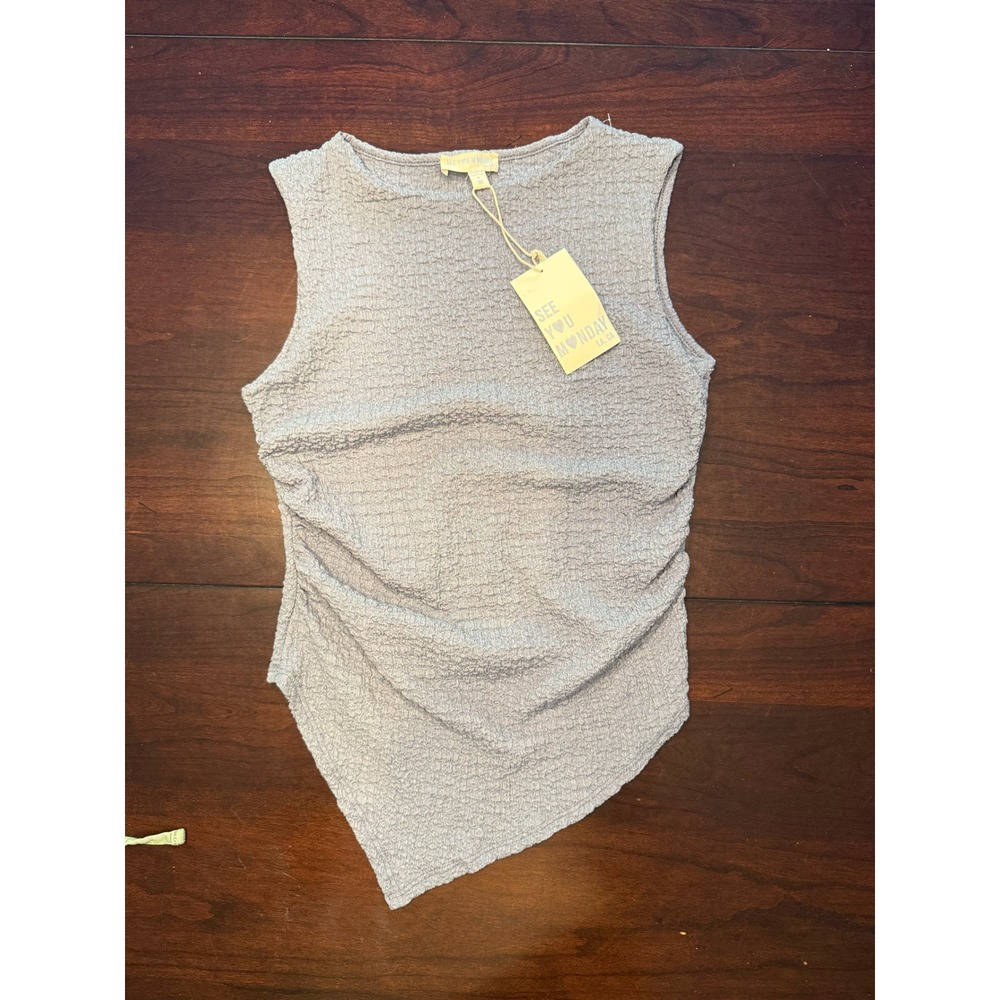 See You Monday LA Womens Asymmetrical Popcorn Textured Tank Top Blue Medium NWT